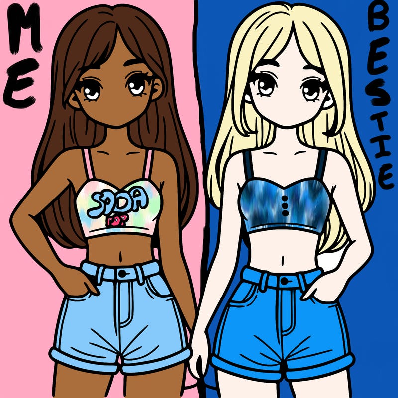 two sisters with crop tops and jean shorts and straight hair