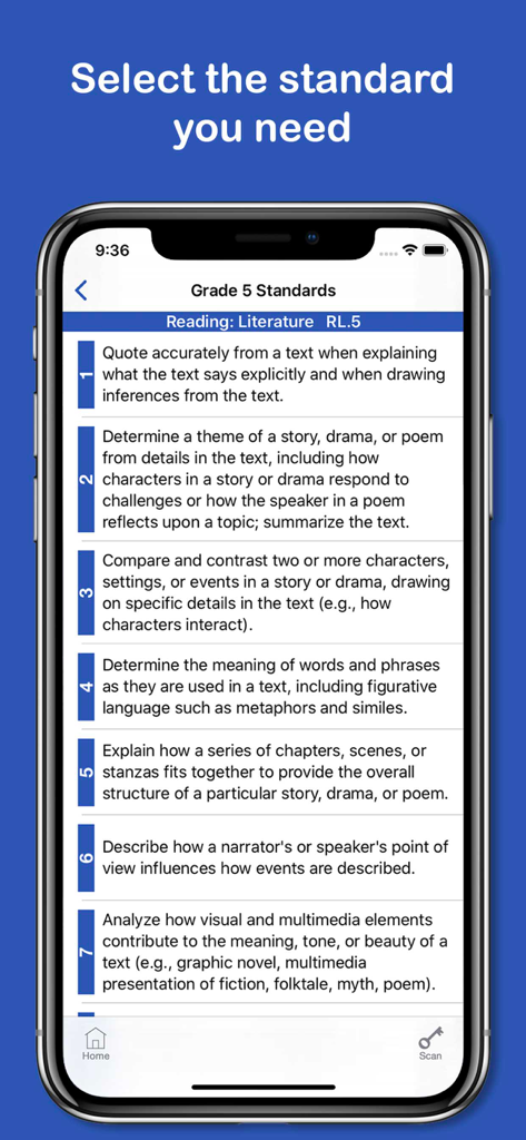 Common Core Pocket - List of Grade 5 Common Core Reading Literature standards in the app