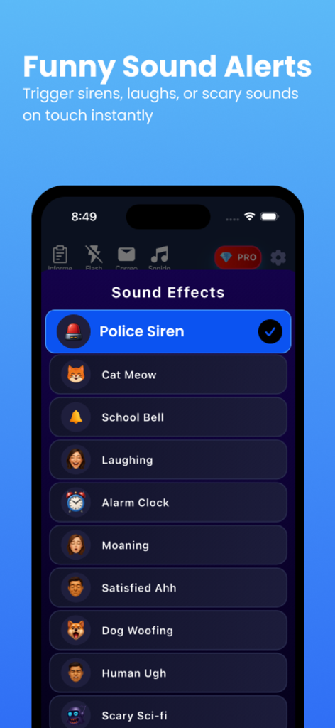List of funny sound alert options in the Who Touched My Phone Guardian app including police siren and cat meow.
