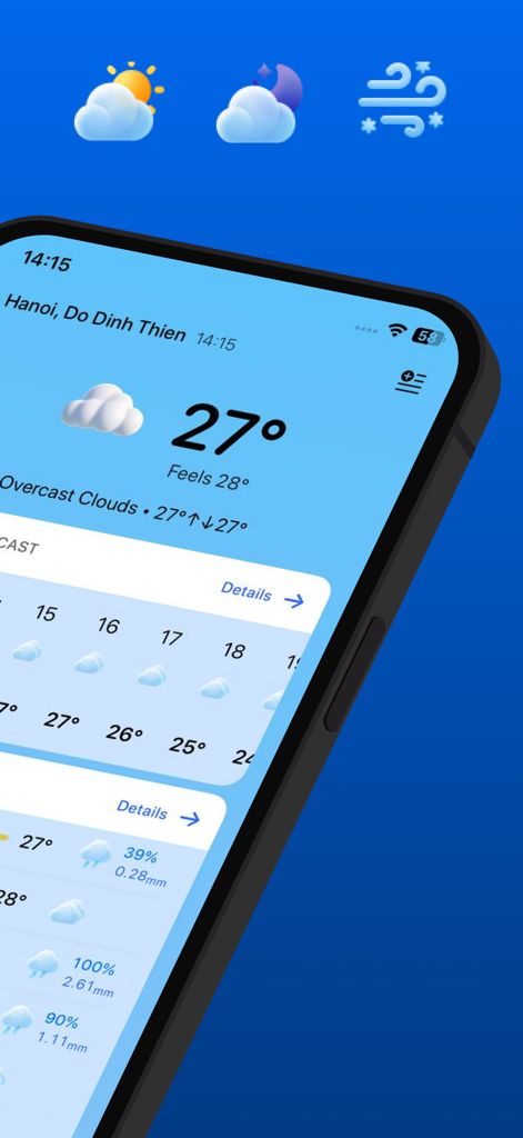 Hi Weather: Temperature Widget - A close-up of the Hi Weather app interface on an iPhone showing current temperature and detailed hourly forecast.