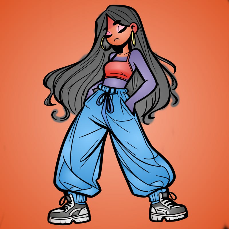 girl in baggy pants crop top and long hair