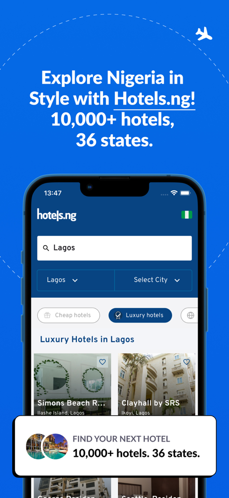 나이지리아 라고스의 고급 호텔 목록을 보여주는 Hotels.ng 앱 인터페이스