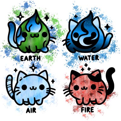 4 cats that represent the different elements, earth, water, air, and fire