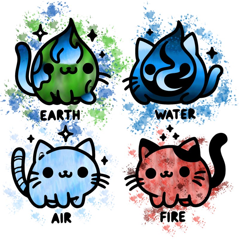 4 cats that represent the different elements, earth, water, air, and fire