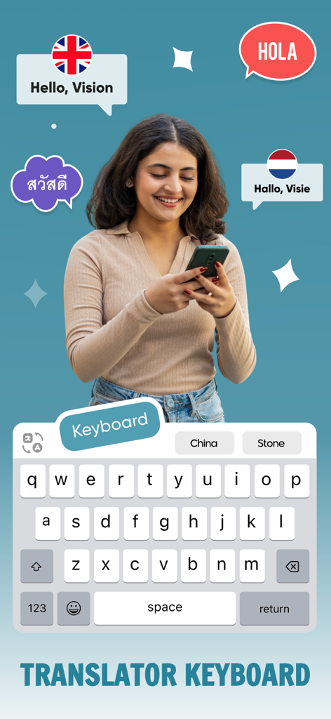 Translate AI Keyboard Language - Una mujer usando un teléfono móvil con un teclado traductor para chatear multilingüe en tiempo real