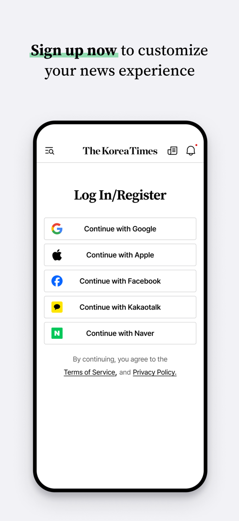 The Korea Times - The Korea Times app login and registration screen with social login options