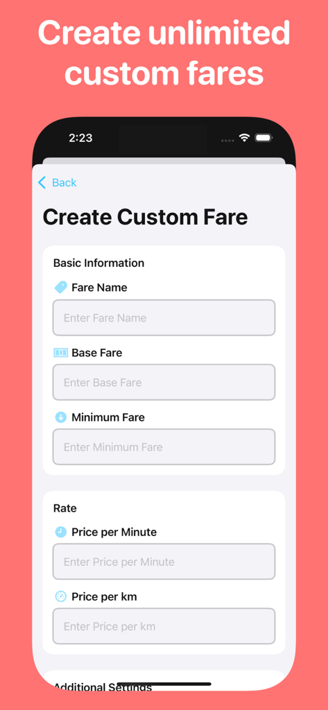 Interface for creating a custom taxi fare including base price and rate per kilometer