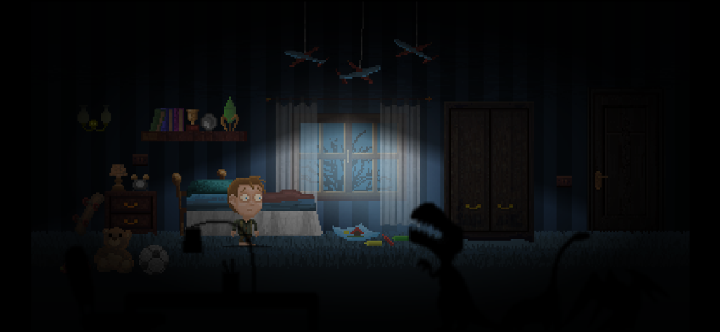 Moth Lake - Um garoto em pé em um quarto escuro em pixel art com uma sombra de monstro no jogo Moth Lake