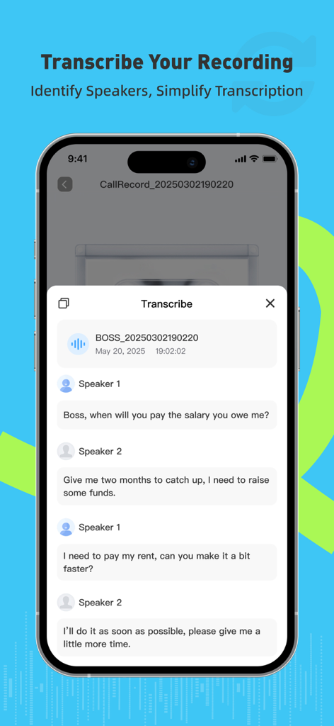 Smartphone screen showing a text transcription of a recorded phone call with speaker identification