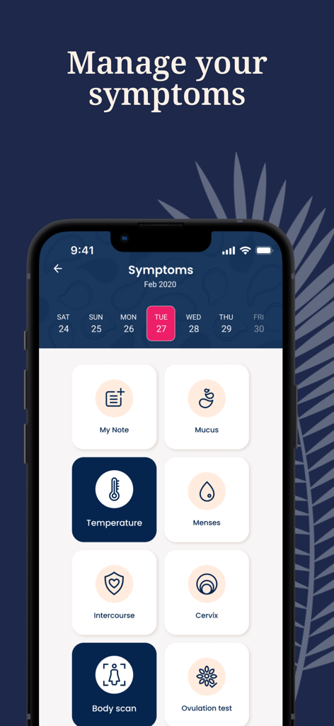 Schermata dell'app Tempdrop che mostra opzioni per registrare sintomi giornalieri come temperatura, muco e mestruazioni.