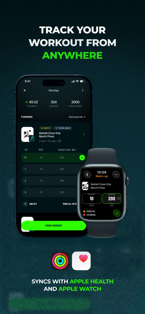 Befit AI app showing workout tracking on iPhone and Apple Watch with Apple Health integration