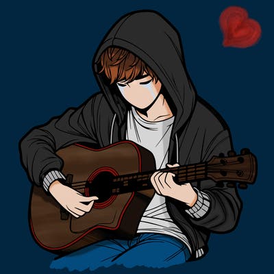 realistic boy in hoodie playing guitar