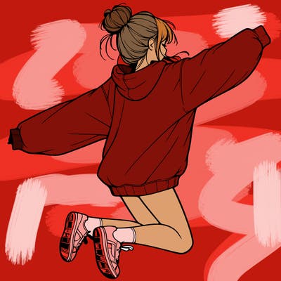 realistic girl jumping with a bun and oversized sweatshirt