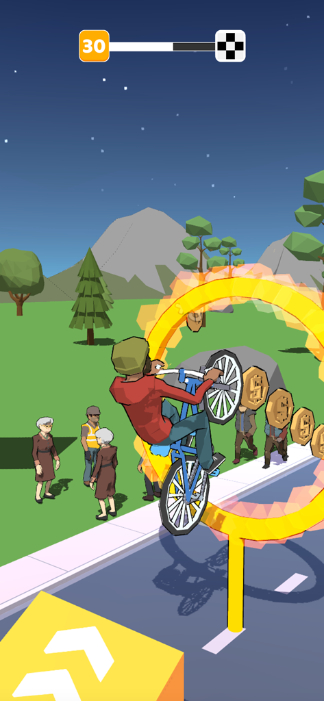 Wheelie Up - A character performing a bicycle wheelie while jumping through a flaming hoop in a low-poly mobile game.