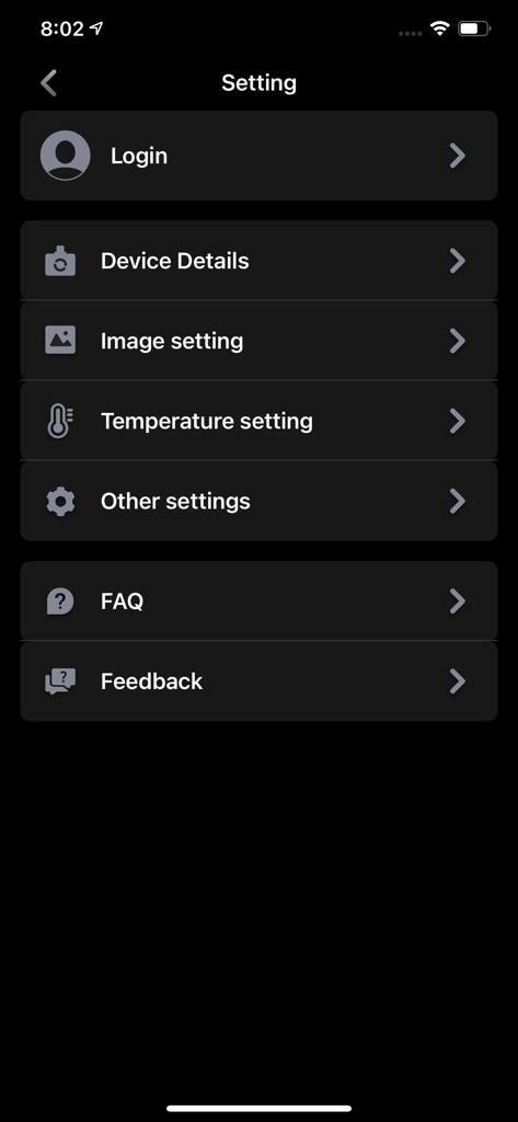 Temp Master - The settings menu interface of the Temp Master thermal imaging app displaying options for device details image and temperature settings.