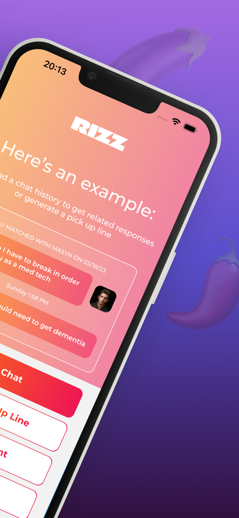 Plug RIZZ AI Dating Assistant - Interfaz de la aplicación Plug RIZZ AI dating assistant que muestra un ejemplo de historial de chat y botones para generar frases para ligar.