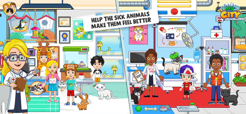 My City: Animal Care Shelter - Children and vets caring for pets in the My City Animal Care Shelter clinic