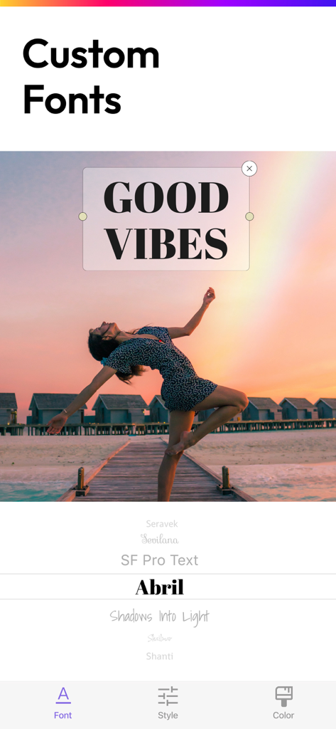 Photo Collage Maker & Pics Art - A woman dancing at sunset with GOOD VIBES text in a custom font