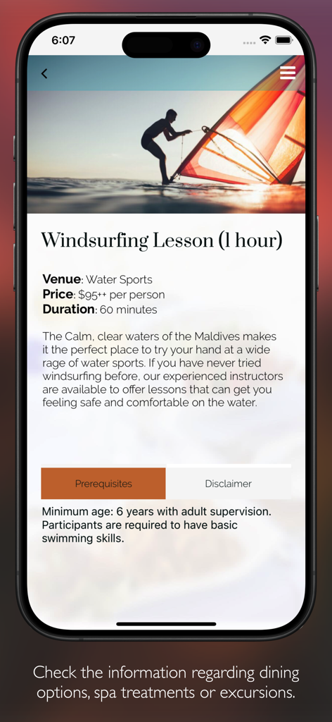 VARU by Atmosphere - Varu by Atmosphere app screen showing windsurfing lesson details and pricing.