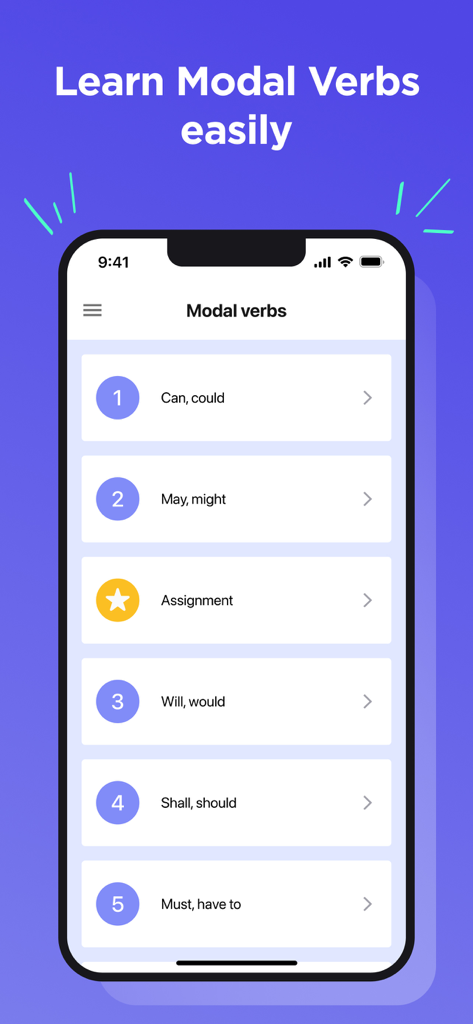 Interfaz de aplicación móvil que muestra una lista de lecciones de verbos modales en inglés que incluyen can, could y may