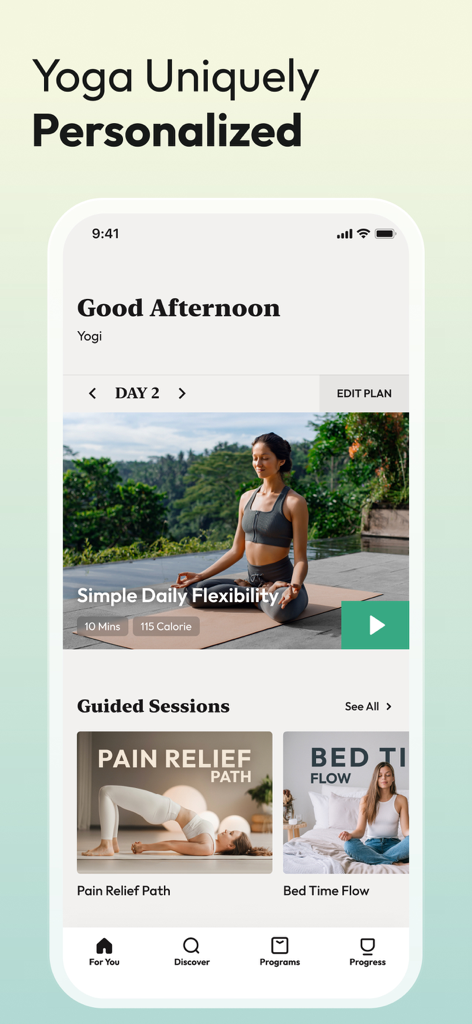 Yoga Fit | Yoga for Beginners - A smartphone screen displaying the Yoga Fit app dashboard with personalized daily workouts and guided yoga sessions for beginners