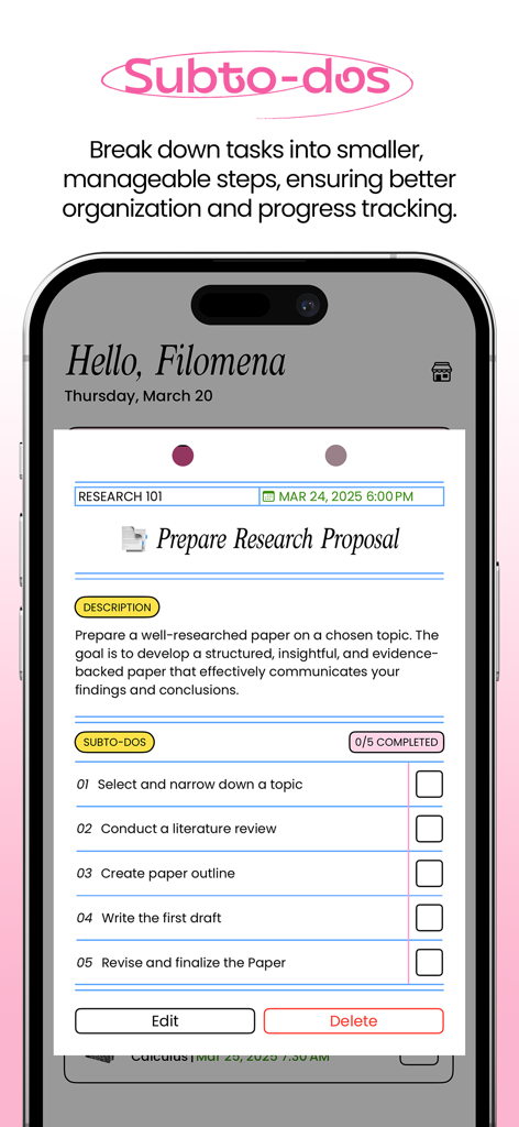 A screenshot of the Folderly app showing the subto-dos feature for organizing academic tasks like a research proposal.