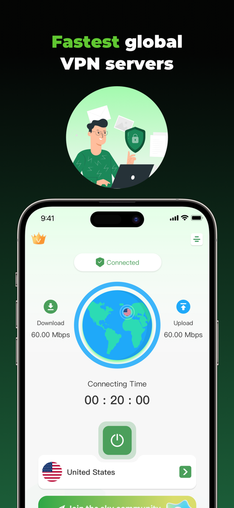Interfaccia dell'app mobile PaperFly VPN che mostra una connessione sicura a un server degli Stati Uniti con metriche di velocità