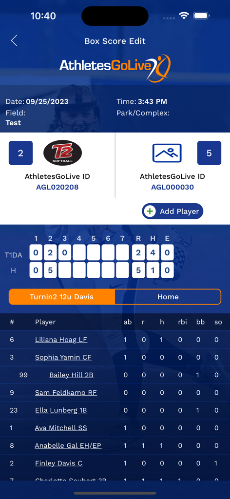 AthletesGoLive - AthletesGoLive app showing a detailed softball box score with team scores and individual player statistics