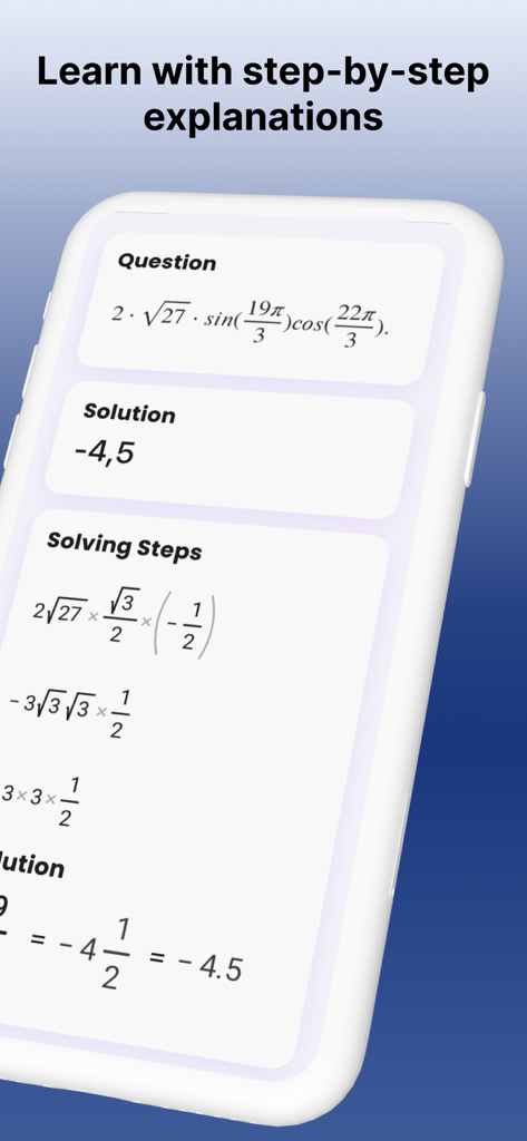 iPhone에서 복잡한 수학 문제와 상세한 단계별 해결 설명이 표시되는 수학 문제 풀이 앱