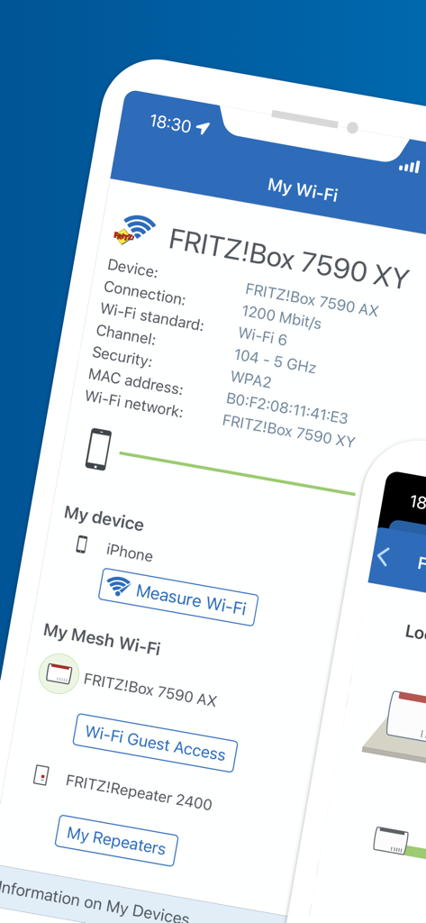 Screenshot der FRITZ App WLAN mit detailliertem Netzwerkstatus, Verbindungsgeschwindigkeit und Mesh-Geräteübersicht