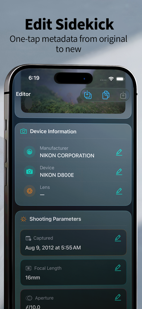 Exif Snap: Copy·View·Edit EXIF - Exif Snap app interface showing camera details and shooting parameters for metadata editing