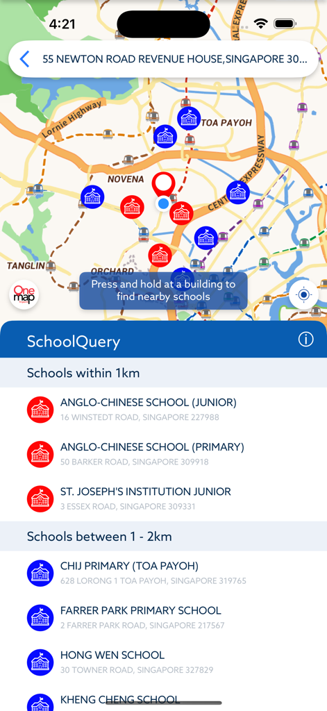OneMap SG - Screenshot of OneMap SG SchoolQuery feature showing a map and list of primary and junior schools within a two kilometer radius of a selected location in Singapore