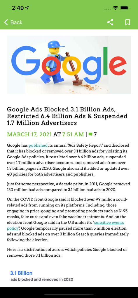 Screenshot of a news article in the Search Engine Roundtable app regarding Google Ads safety report statistics.