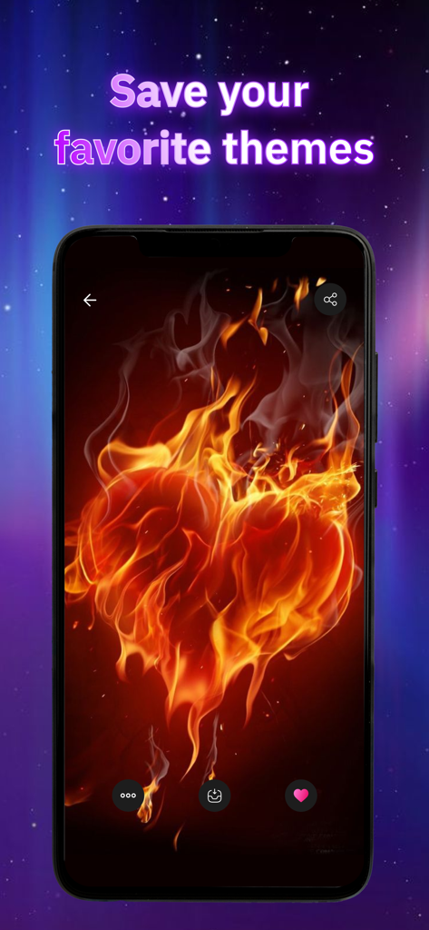Silly Smiles Live Wallpapers - iPhone screen displaying a vibrant flaming heart live wallpaper with options to save favorite themes