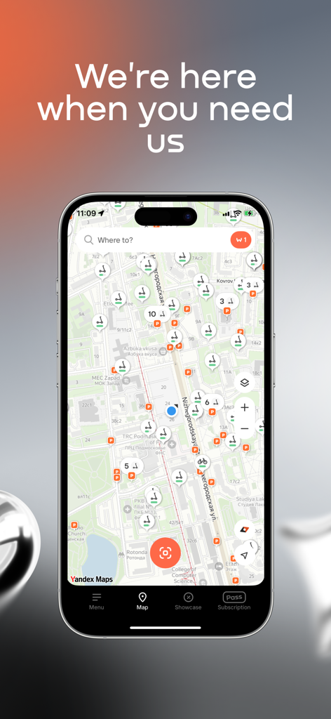 Whoosh mobile app interface showing available e-scooters on a city map