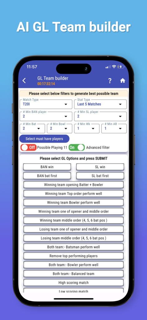 CricInclusive - Mobile screen showing the CricInclusive AI GL Team builder with strategy filters for fantasy cricket lineups