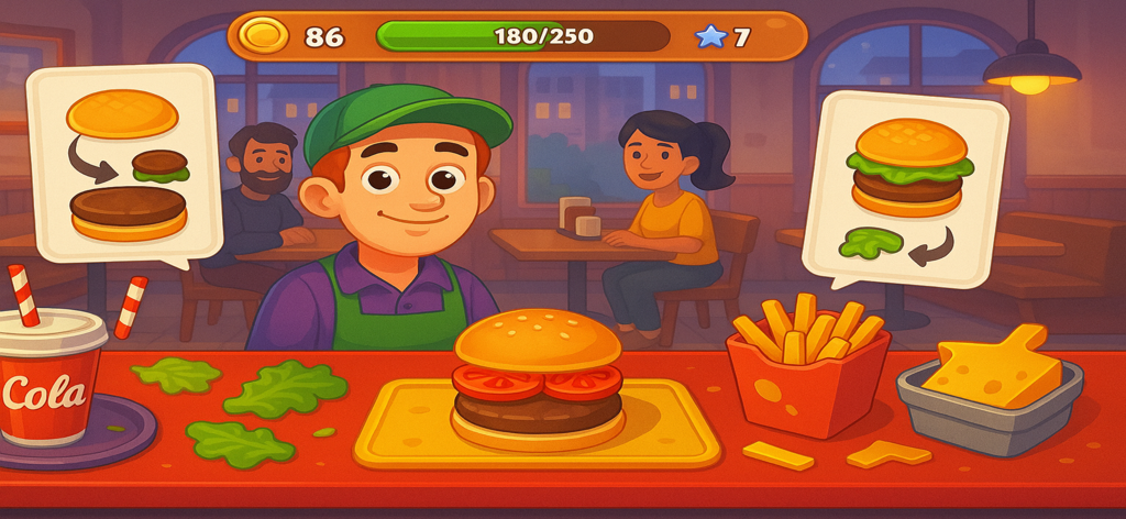 Foodie Kitchen :food making - A chef serving a burger and fries in the Foodie Kitchen mobile game