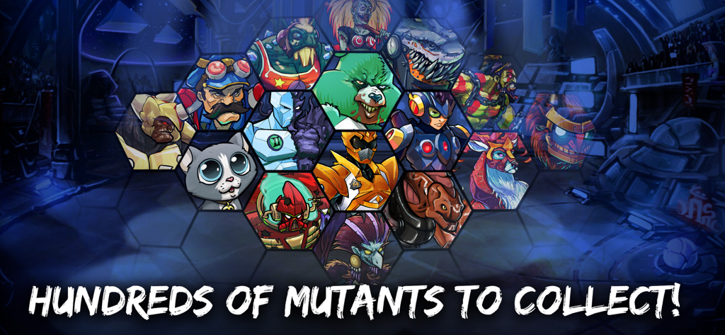 Mutants: Genetic Gladiators - A hexagonal grid showing diverse mutant characters with the text Hundreds of Mutants to Collect