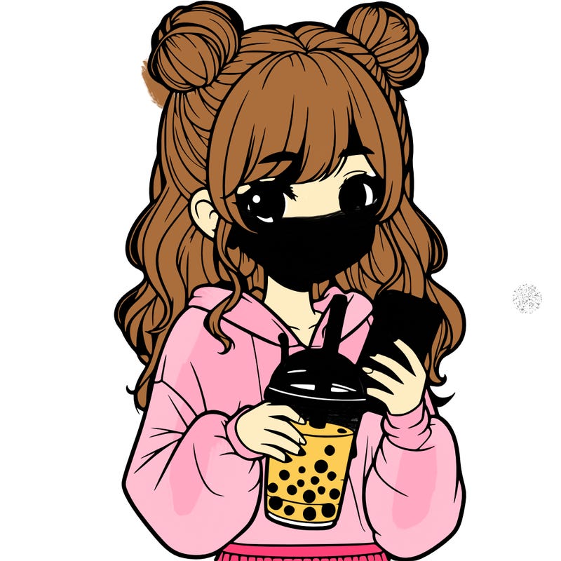 realistic girl with a lphone and boba