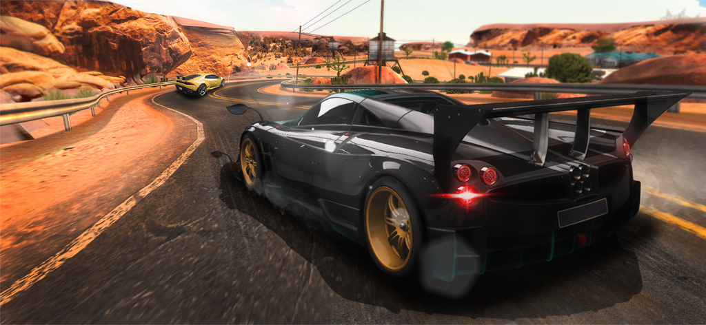 Coche deportivo negro derrapando en una carretera desértica en Nitro Xtreme Racer