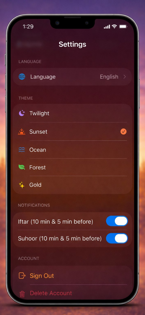 Pantalla de configuración de la aplicación ¿Cuándo es el Iftar y el Suhoor que muestra opciones para la selección de temas de idioma y los interruptores de notificación.