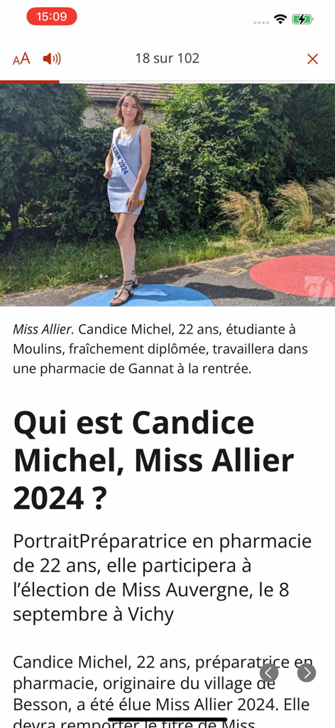 Local news article about Miss Allier 2024 in the Centre France app