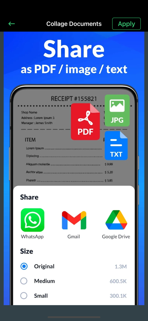 PDF Scanner- App for Documents - Interface for sharing documents as PDF, image, or text via email and cloud services