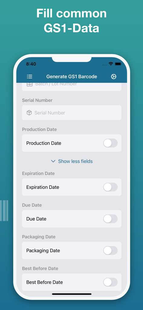 Smart GS1 Barcode Generator app screen for entering serial number and date data