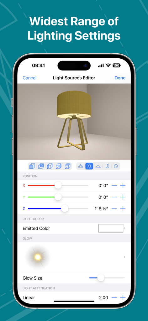 Live Home 3D Pro: House Design - Light Sources Editor interface in the Live Home 3D Pro app