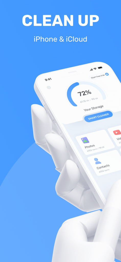 Clean Storage: Master Cleaner - iPhone screen showing Clean Storage app interface with storage usage percentage and smart cleaning options
