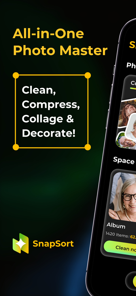 SnapSort: Photo Organizer - SnapSort app interface showing photo cleaning compression collage and decorating options