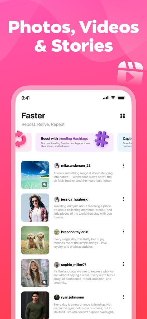 Faster Repost IG Reels & Story - ソーシャルメディア投稿のキュレーションされたフィードとトレンドハッシュタグバナーを表示する、Faster Repostアプリのホーム画面。