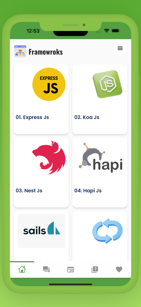 NodeJS Programming Guide - Mobile App-Bildschirm mit einer Liste von Nodejs-Frameworks, einschließlich Express Koa Nest und Hapi