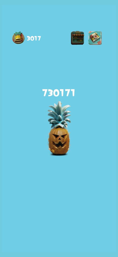 Gameplay screenshot of Crazy Banana GO! featuring a Halloween-themed pineapple skin and high score.